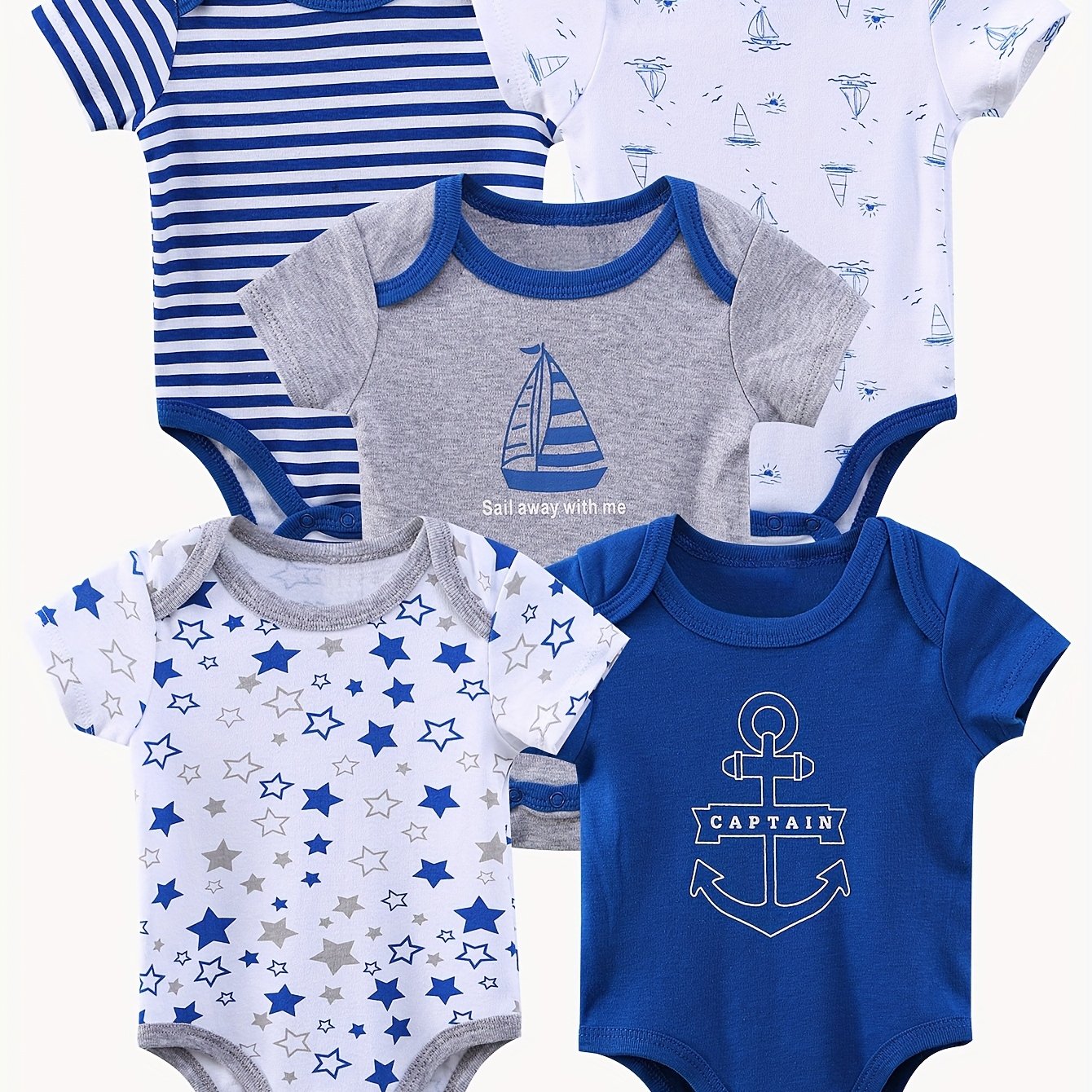 5pcs Short-sleeved Triangular One-piece Suit for Baby Boys, Cotton Baby Coat, Crawling Suit, And Bottom Coat, Elegant Ocean Sailboat Design, Soft Fabric Home Wear, Perfect for Outdoor