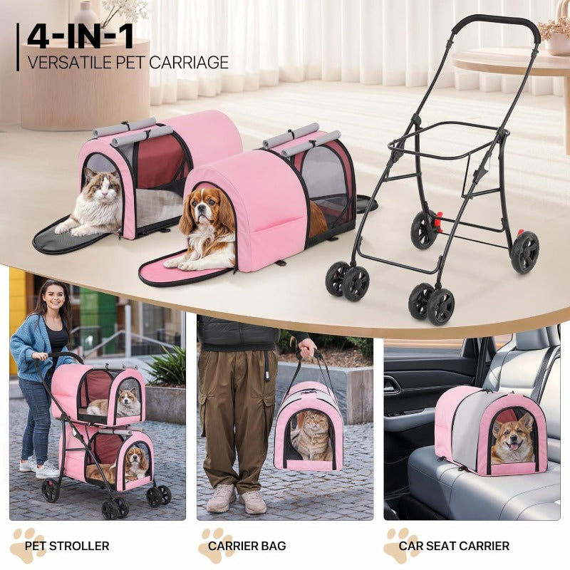 Double Dog Stroller with Detachable Carrier Bags Large 4 Wheels Foldable Jogger for Small and Medium Dog Cats