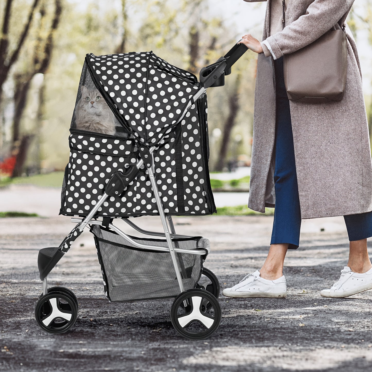 3 Wheels Pet Dog Cat Stroller for Small Medium Dogs Cats - Foldable Jogger Stroller w/Storage Basket and Cup Holder - For Pet Owners - Suitable for Outdoor Walks & Travel - Great Gift for Dog & Cat Lovers