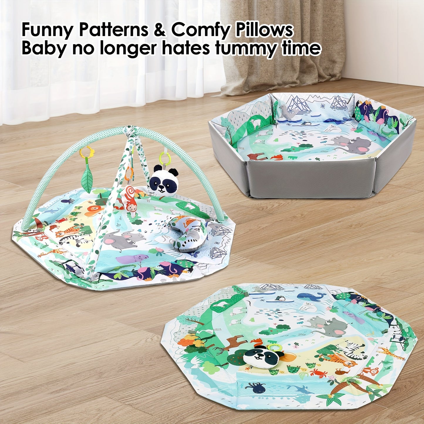 Dearlomum 4 in 1 Tummy Time Mat and Baby Gym Activity Play Mat with 6 Sensory Toys