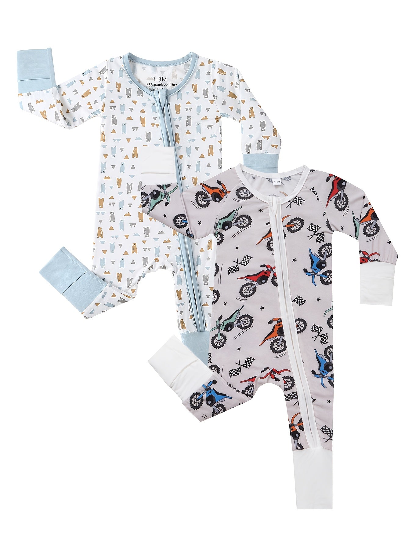 Bamboo Baby Bear Farm Print Romper Sleeper with Mitten Cuffs Feet Cuff Newborn Boy Girl And Play with Anti Grips Bottom Feet, for Outdoor