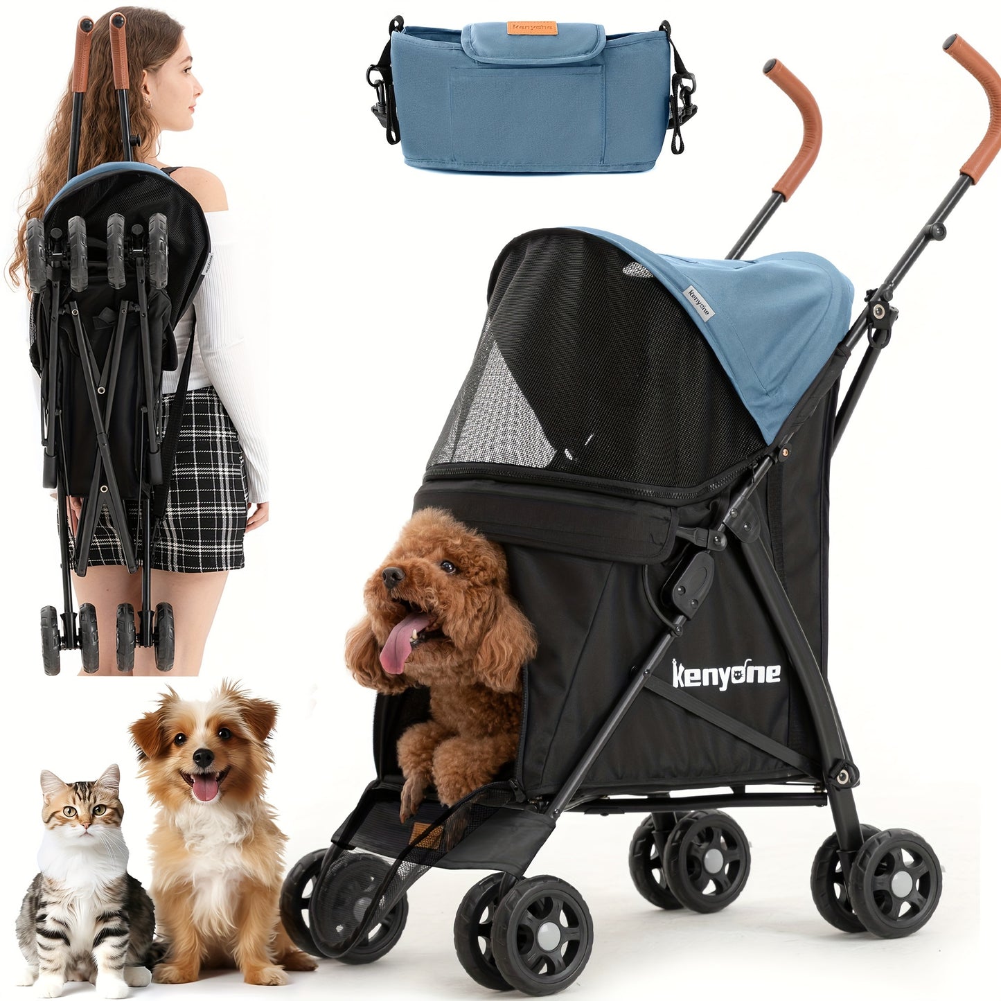 Kenyone Dog Stroller For Small Dogs & Cats - Lightweight, Premium, Portable & Compact Travel Stroller - For Puppies, Small & Medium Dogs & Cats - Suitable for Everyday Walks & Travel - Perfect Gift for Pet Owners