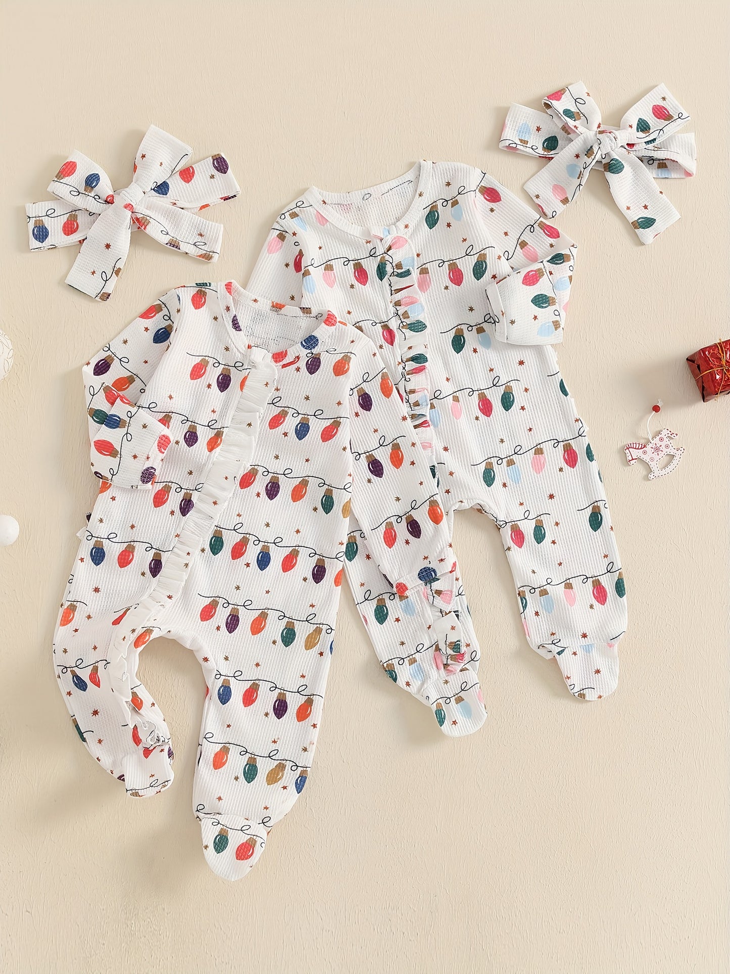 Baby Girls Long Sleeve Frills Jumpsuit Headband Footies