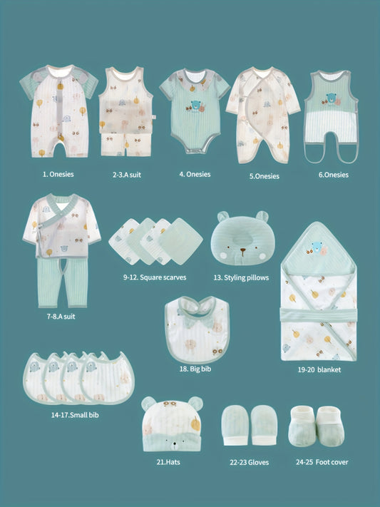 Boy Summer Clothes + New Baby Daily Items, Complete Set of 27pcs, 5 Sets of Clothes + Hats + Belly Covers + Pillows + Hand and Foot Covers + Belly Covers, Baby Supplies, Baby Full Moon Long Sleeve Set, Baby Onesie, Local Ware