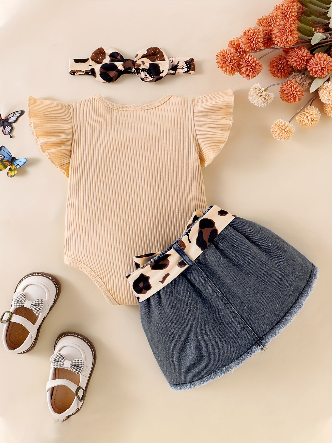 CETEPY Youngsters Girl Summer Clothes Cute Butterfly Printed Romper + Denim Skirt + Headband 3pcs Shorts Set 0-18 Months