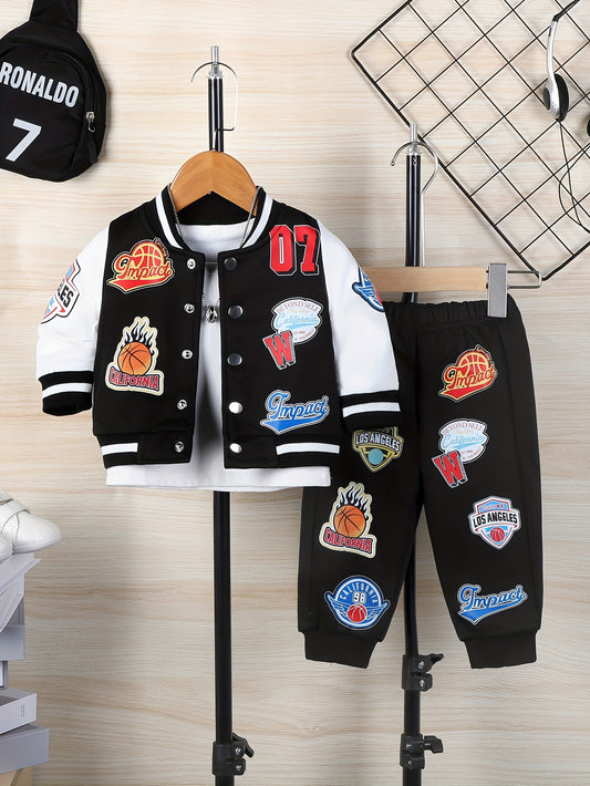 Boys Cartoon Applique Baseball Jacket and Pants Set Cotton Blend Casual Outfit