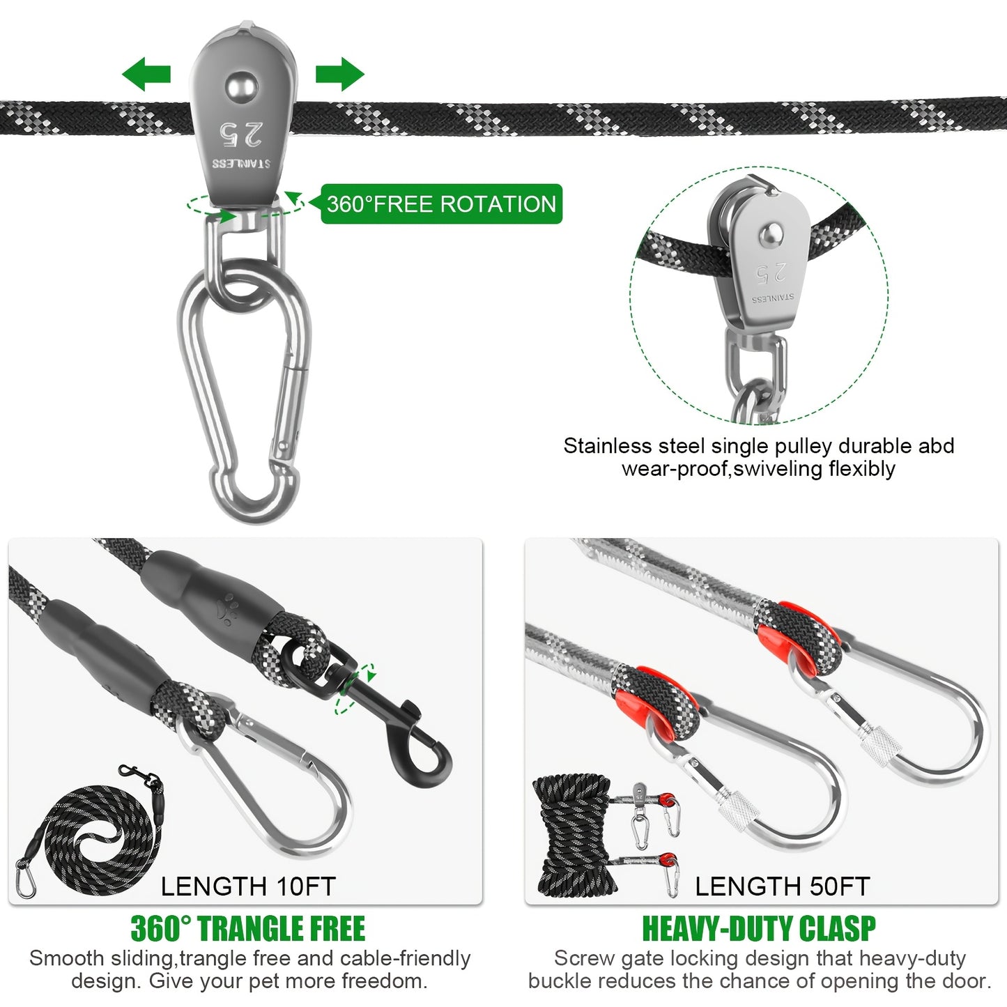 [75ft Portable Dog Tie Out] 75ft Portable Dog Tie Out Cable | Overhead Trolley System With 10ft Runner Lead For Dogs Up To 200lbs | Reflective Dog Lead For Yard, Park, Or Outdoor Adventures