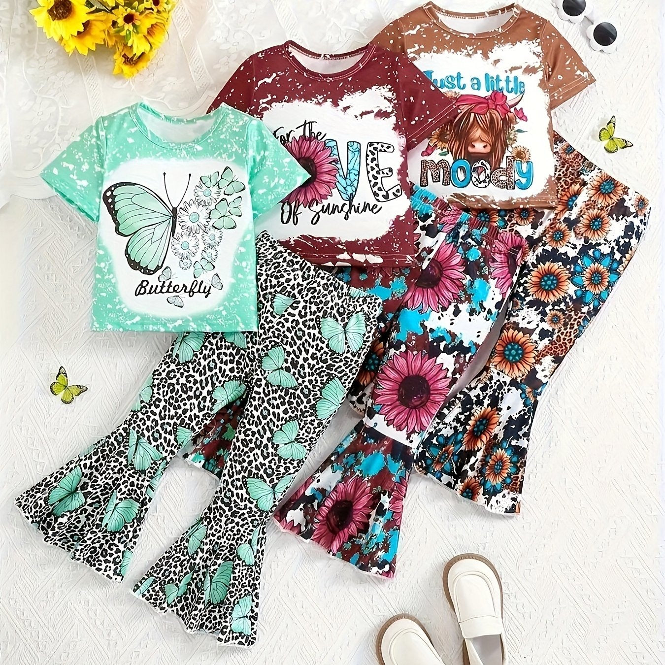 3pcs Set Girls' Long Pants Outfits - Floral Print, Crew Neck Short-Sleeve T-Shirt & Flared Pants, Polyester Knit Fabric with Slight Stretch - Spring/Summer/Fall Casual Wear | Machine Washable | Elegant Ruffle Details
