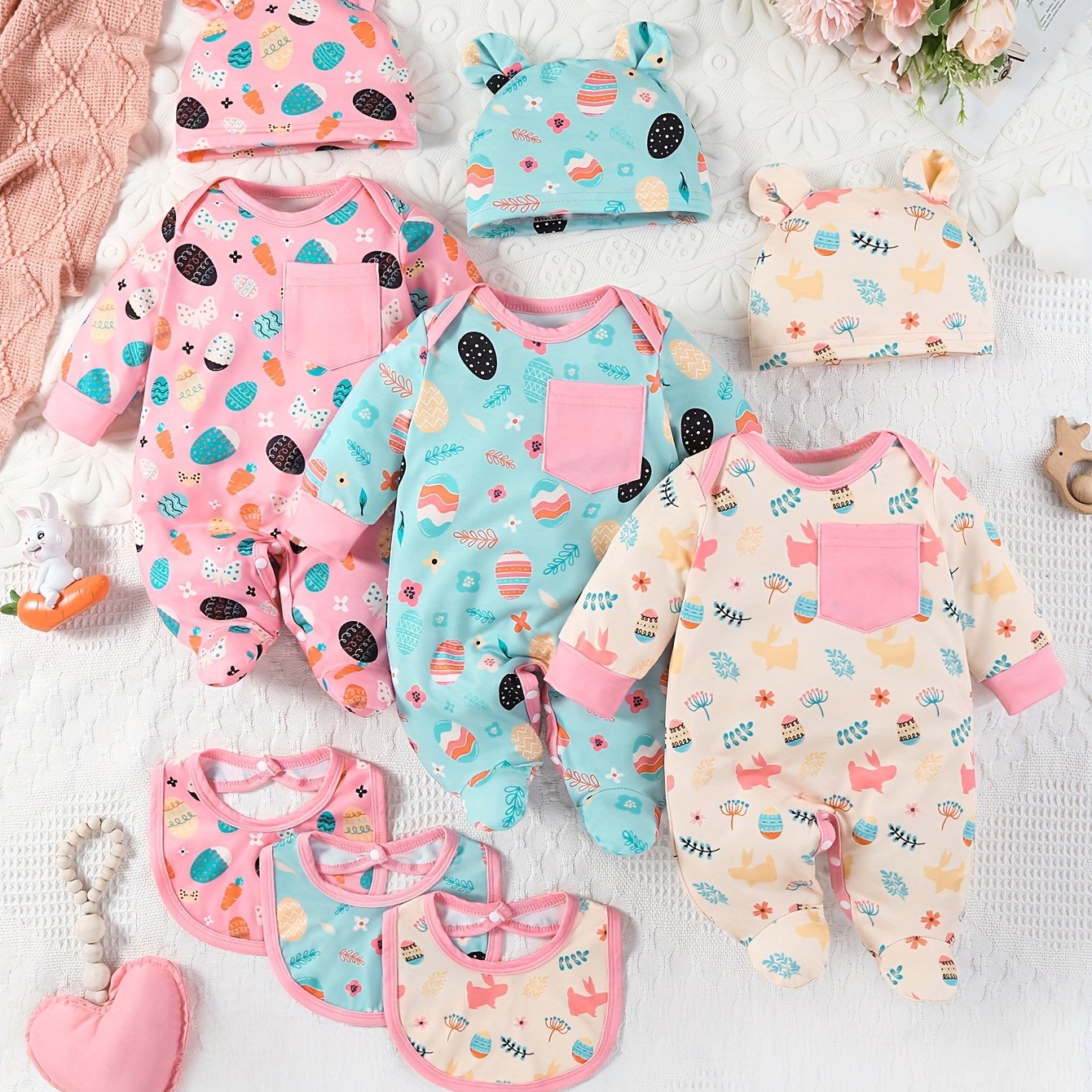 Newborn Girl 9Pc All Season Outfit Set With Bunny Hat