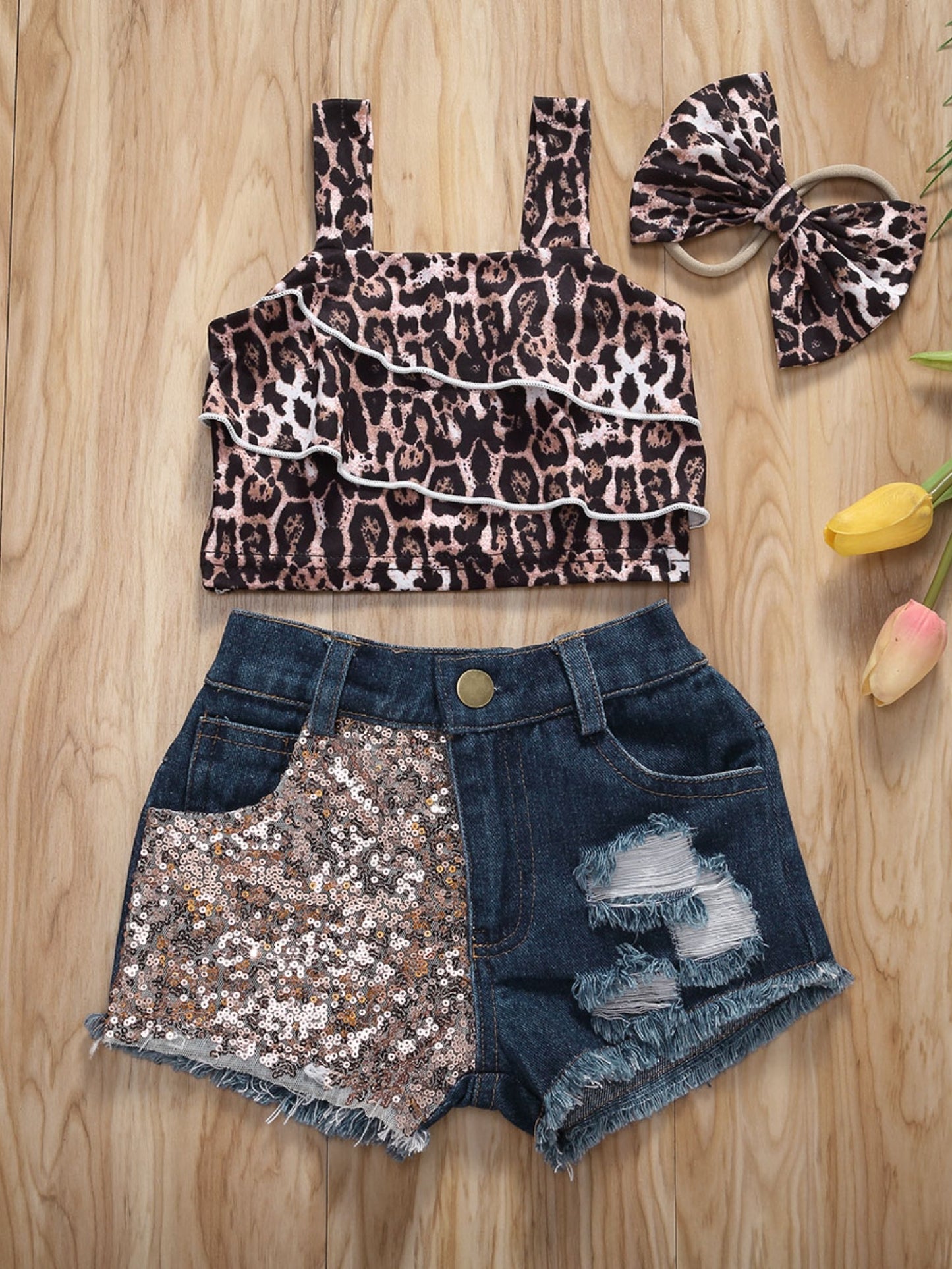 Baby Girls Summer Outfit Toddler Sleeveless Leopard Crop Top Denim Shorts and Bowknot Headband