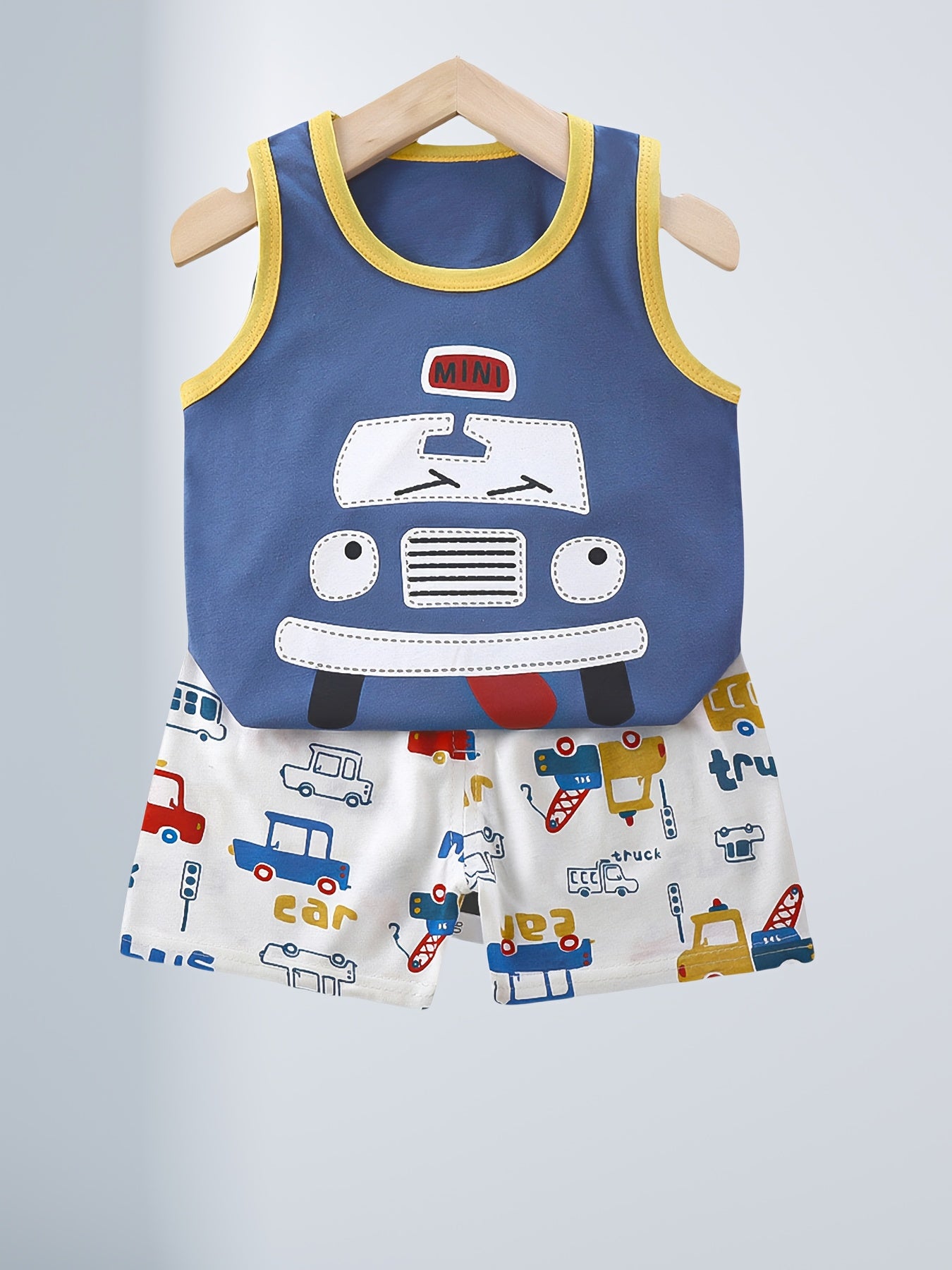 DinoFun Cartoon Dinosaur Sleeveless Shorts Set – Soft and Breathable Comfort for Boys