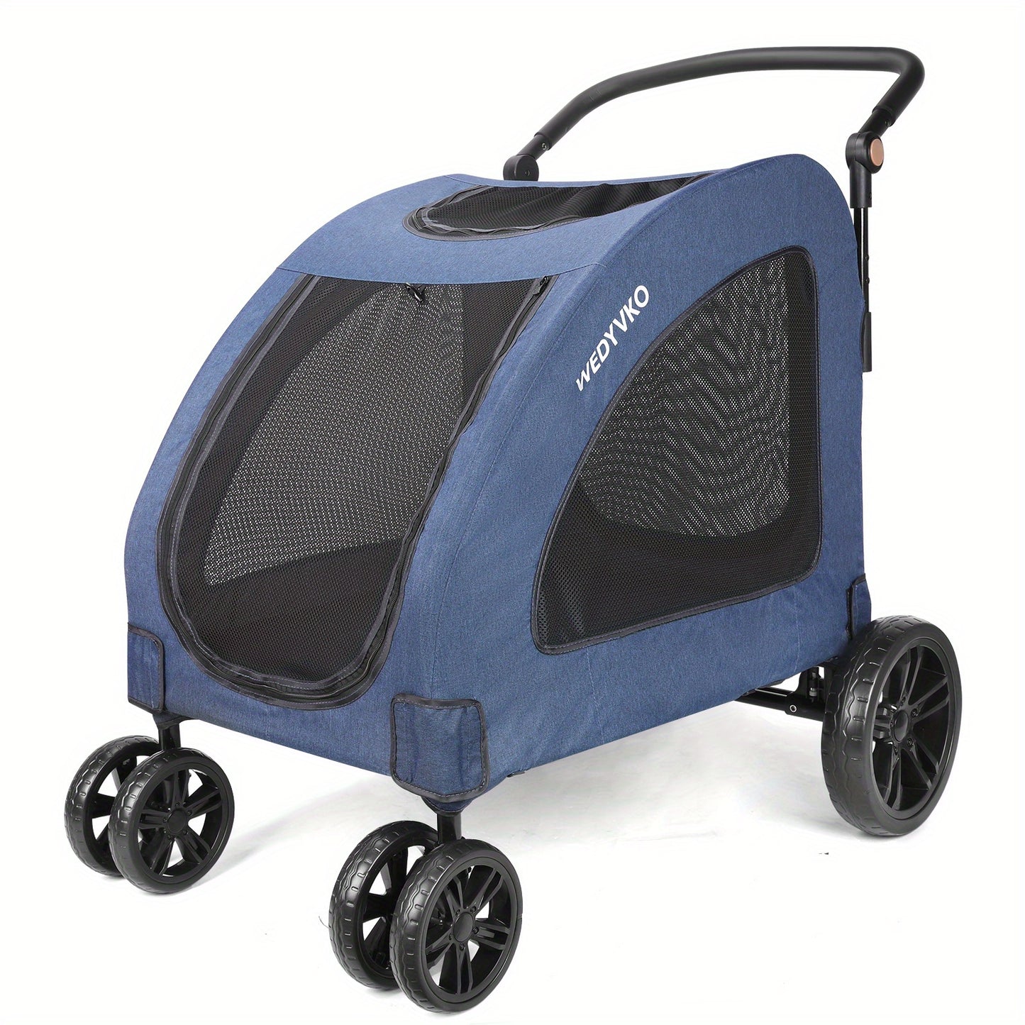 Spacious Pet StrollerRoomy For Pets Up To 120lbs (54kg). 3-sided Mesh For Airflow & Security. 360° Silent Wheels & 3-angle Adjustable Handle For Easy Maneuvering. One-step Fold For Compact Storage.
