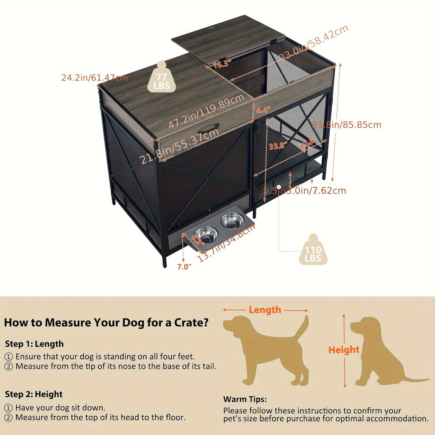 Large Dog Crate Furniture 47 Inch Wooden Kennel Indoor End Table with Drawer and Bowls