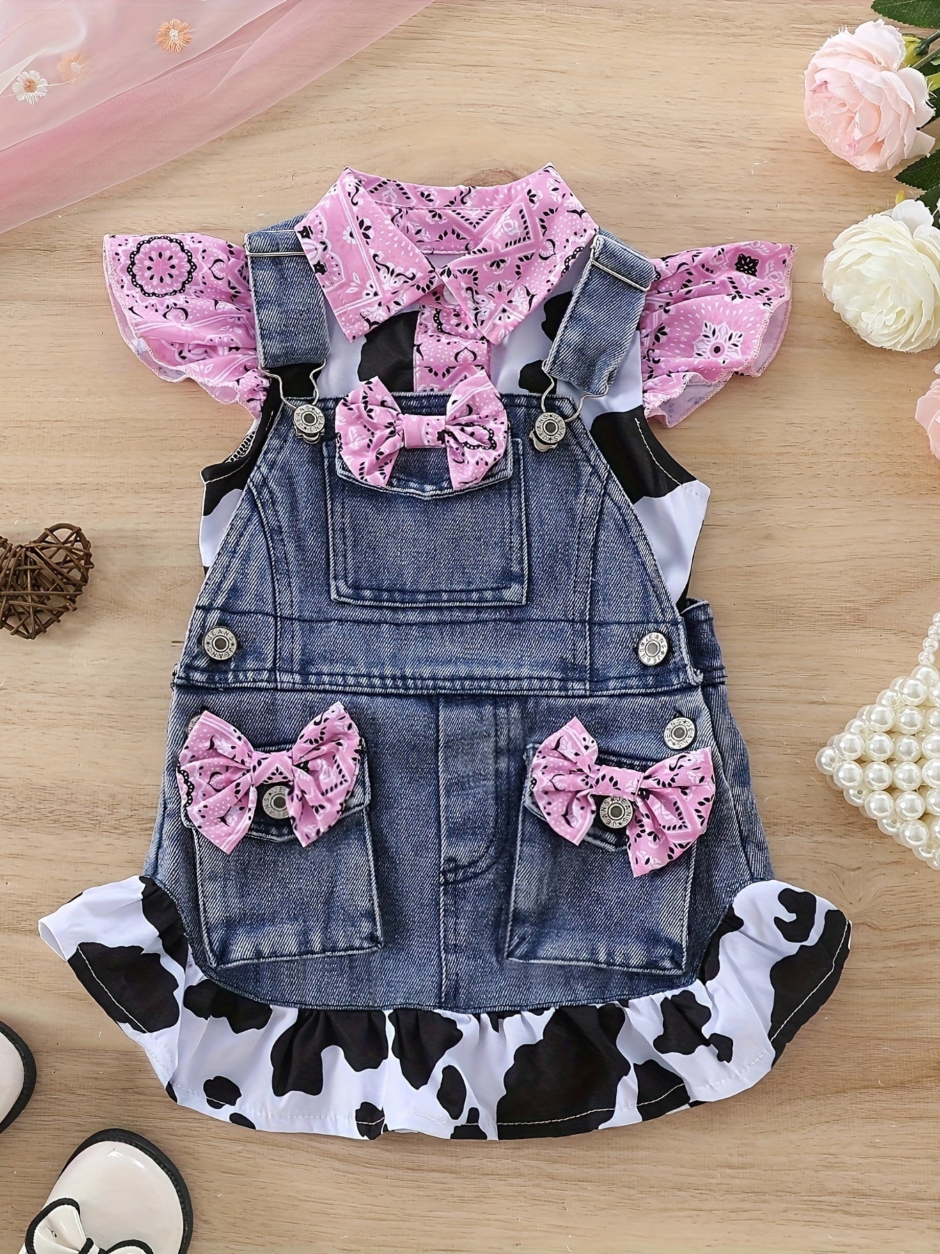 Adorable Girls' Cow Print Ruffle Sleeve Top & Denim Pocket Skirt Set - Machine Washable, Spring/Summer Collection, Children's Set, Cow Print, Leaf Edge, Denim Skirt, Perfect for Outdoor