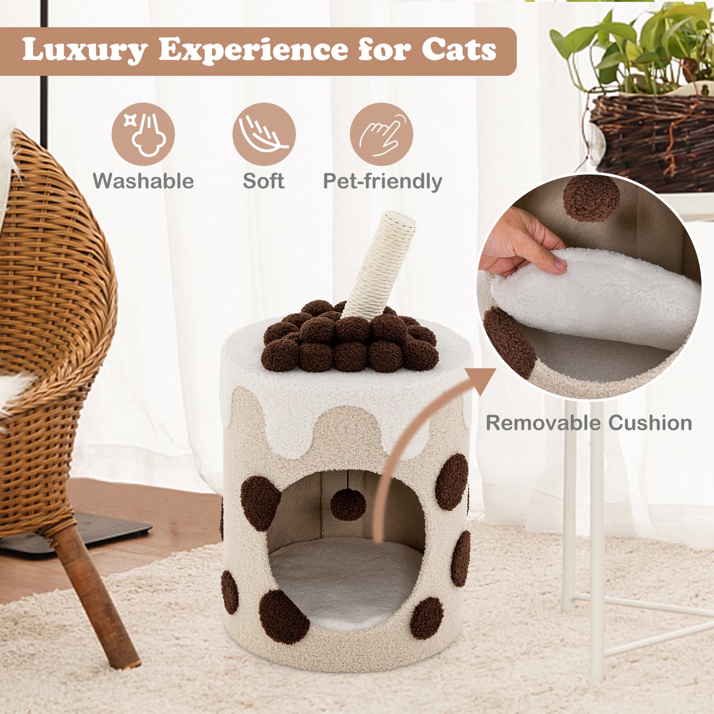 SAFSTAR Bubble Tea Cat Tree Tower with Scratching Post and Dangling Ball Toy for Cats