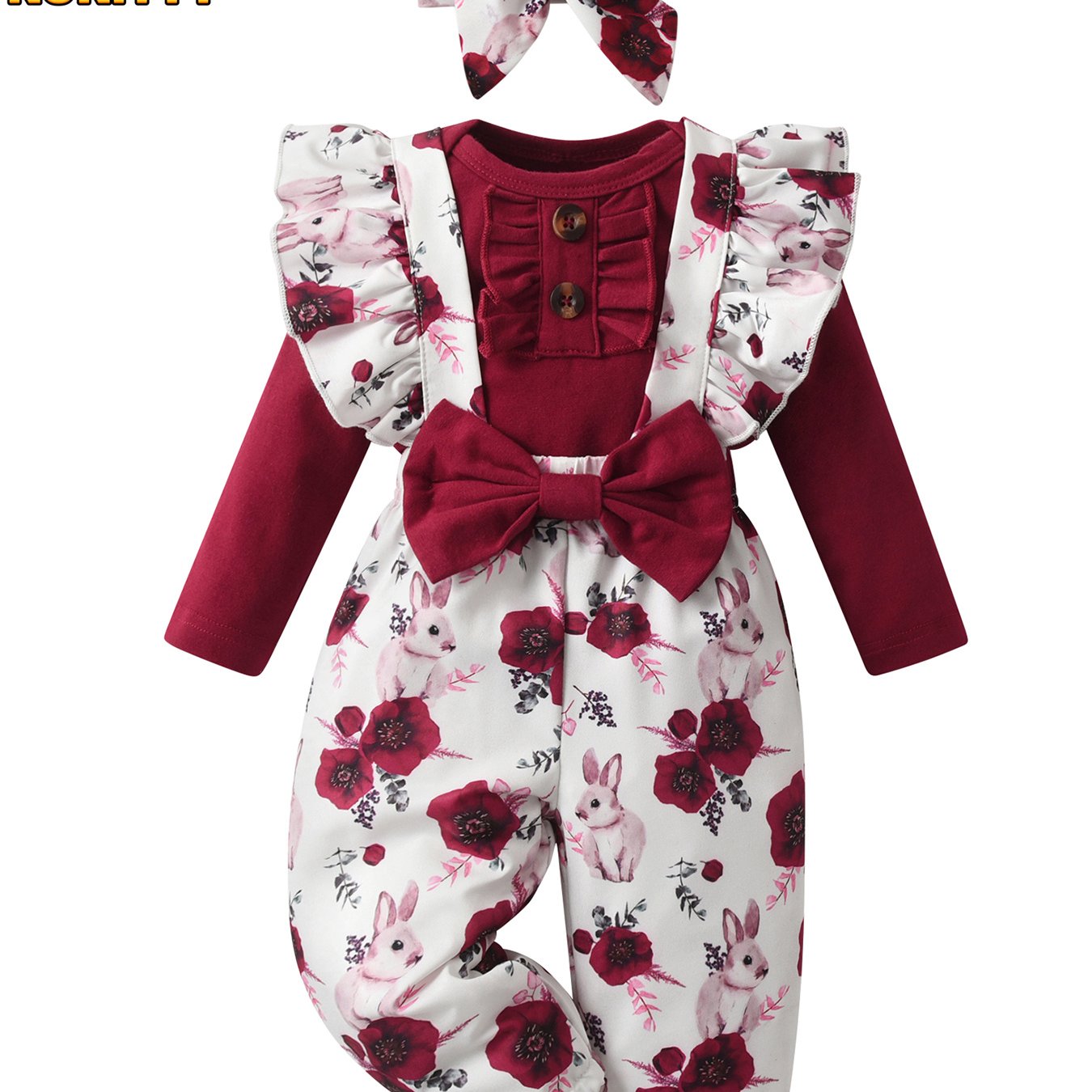 KuKitty Newborn Baby Girl 3 Piece Floral Bow Romper Set With Headband Long Sleeve Outfits