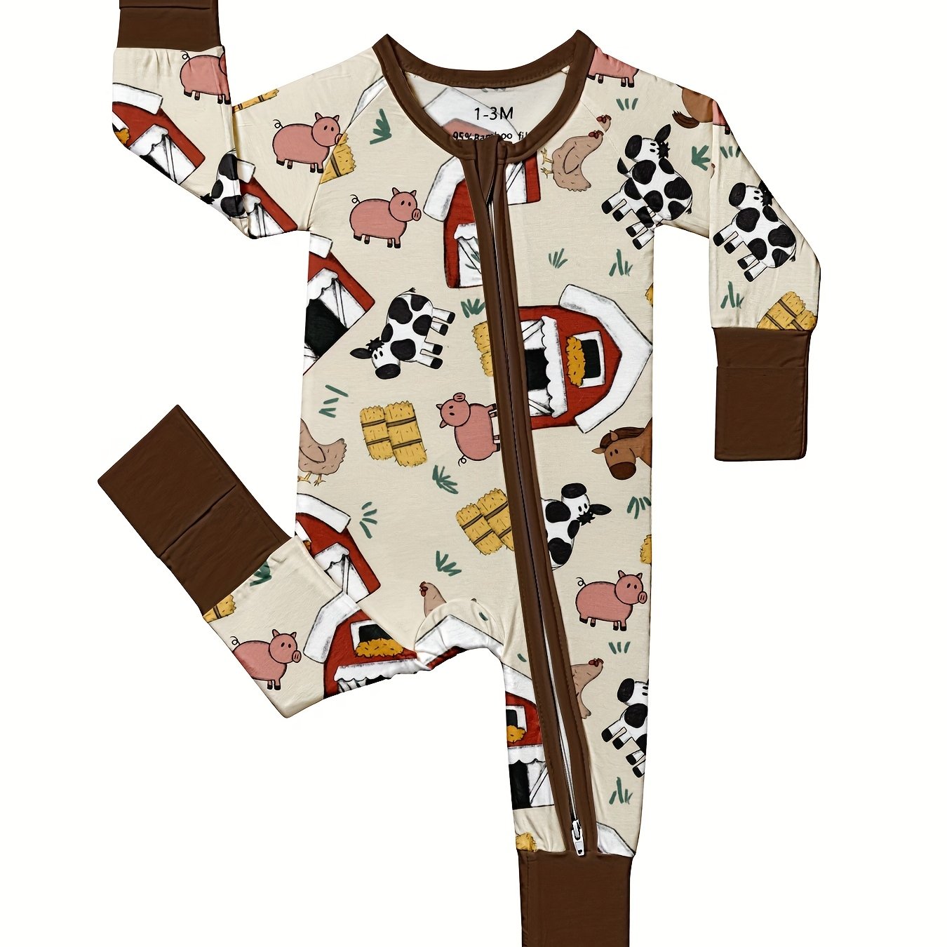 [Bamboo | Soft] Soft Bamboo Fiber Youngsters Romper | Long Sleeve, Zipper Closure, Anti-Grip Feet & Mitten Cuffs | Machine Washable, All-Season Comfort, Cartoon Farm Prints, Safe Youngsters, Bamboo Youngsters Clothes
