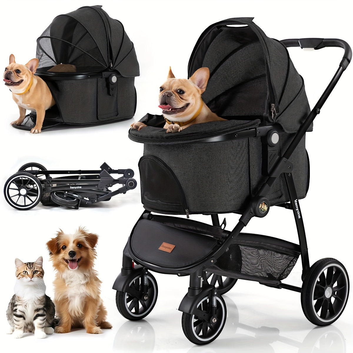 Kenyone Pet Stroller C510 Gray - 3 in 1 Dog Stroller for Medium Small Dogs, Large Cat Stroller with Detachable Carrier for Puppies, Doggies, Kitties, Bunnies - Durable & Lightweight - Suitable for Outdoor Walks & Travel - Ide