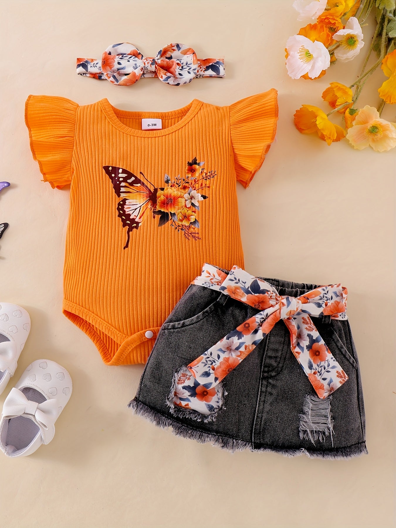 CETEPY Youngsters Girl Summer Clothes Cute Butterfly Printed Romper + Denim Skirt + Headband 3pcs Shorts Set 0-18 Months