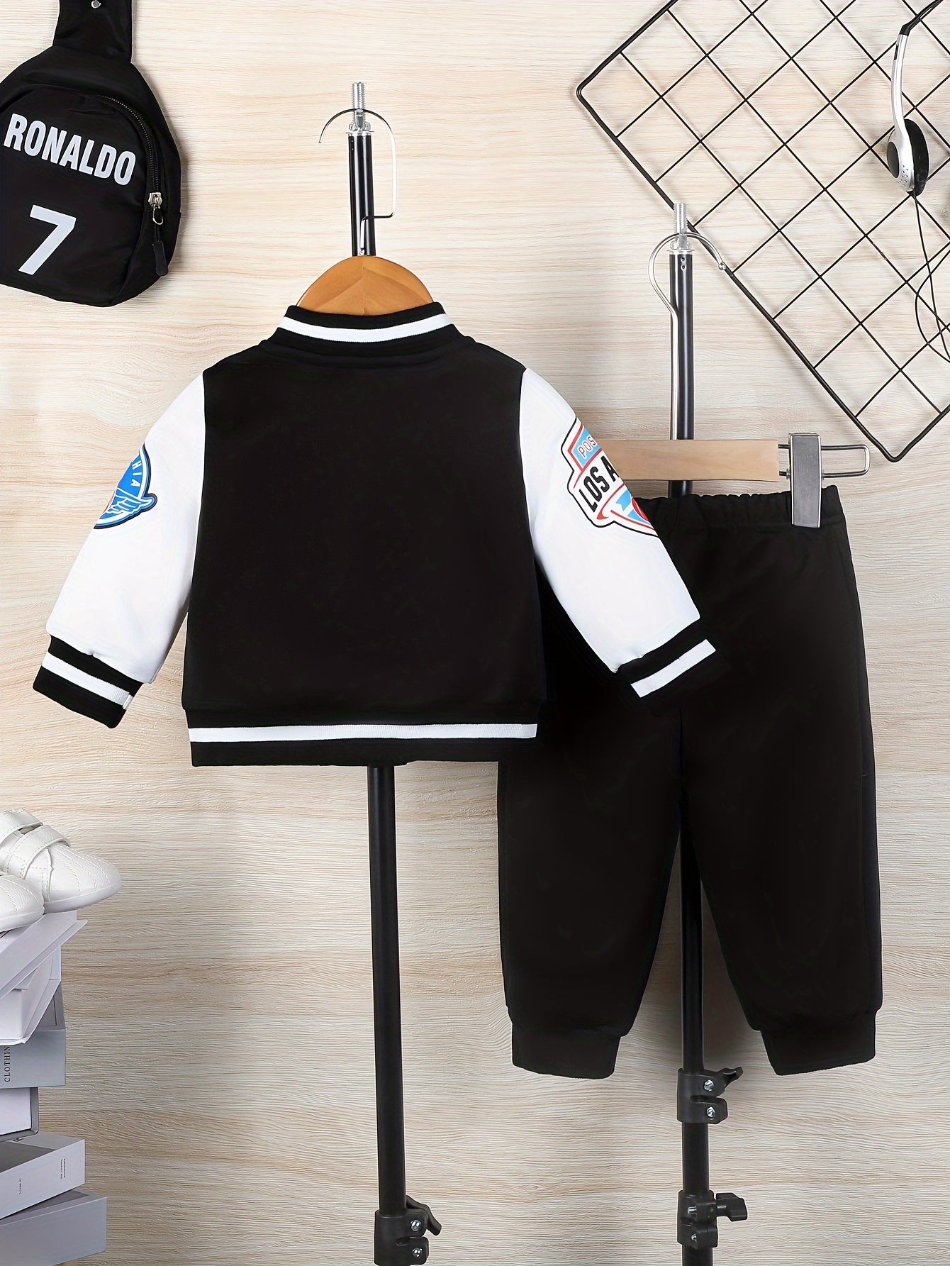 Boys' Cartoon Applique Baseball Jacket and Pants Set - Cotton Blend Casual Outfit with Slight Stretch, Three Quarter Sleeves, Regular Fit for Fall/Winter - 65% Cotton, 35% Polyester, for Outdoor, Perfect for Outdoor