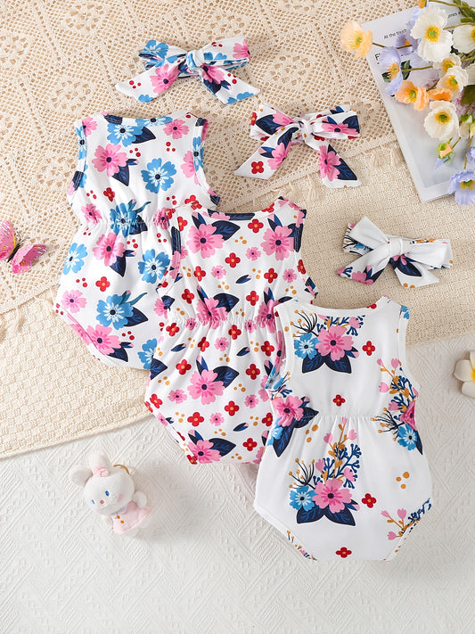 Floral Print Infant Romper 6 Piece Set With Headbands