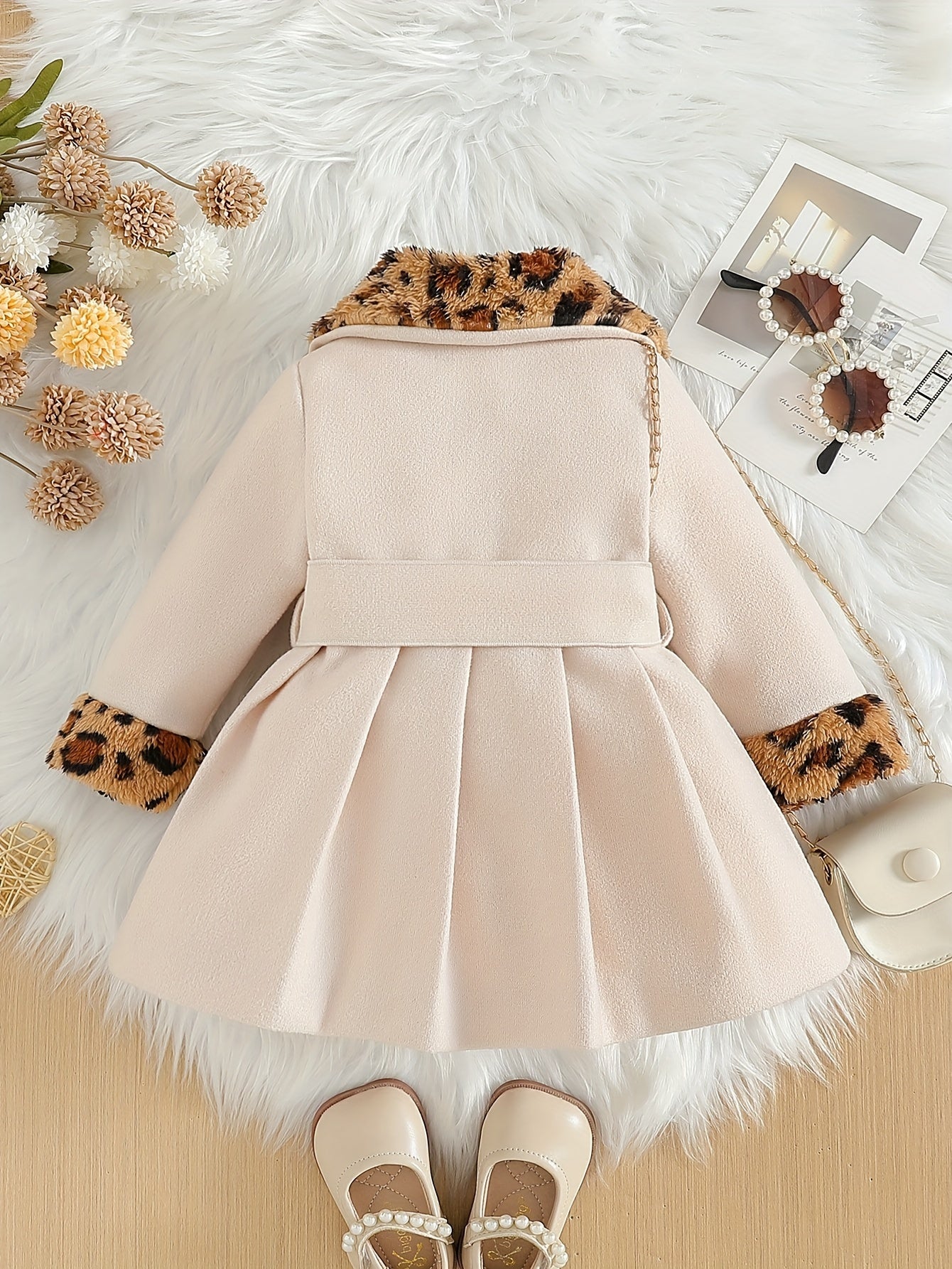 Baby Clothing, Baby Products, Back-to-school Season Small Gifts For Baby Girls, Solid Colors, Versatile For Autumn And Winter, Leopard Print Plush Lapel Bow Coat, Suitable For Festivals And School Days, Back-to-school Season