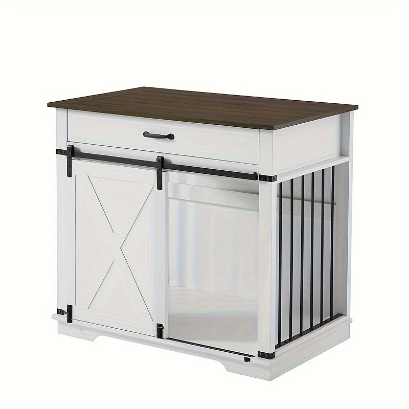 Wooden Dog Crate Kennel End Table with Sliding Barn Door and Convenient Drawer