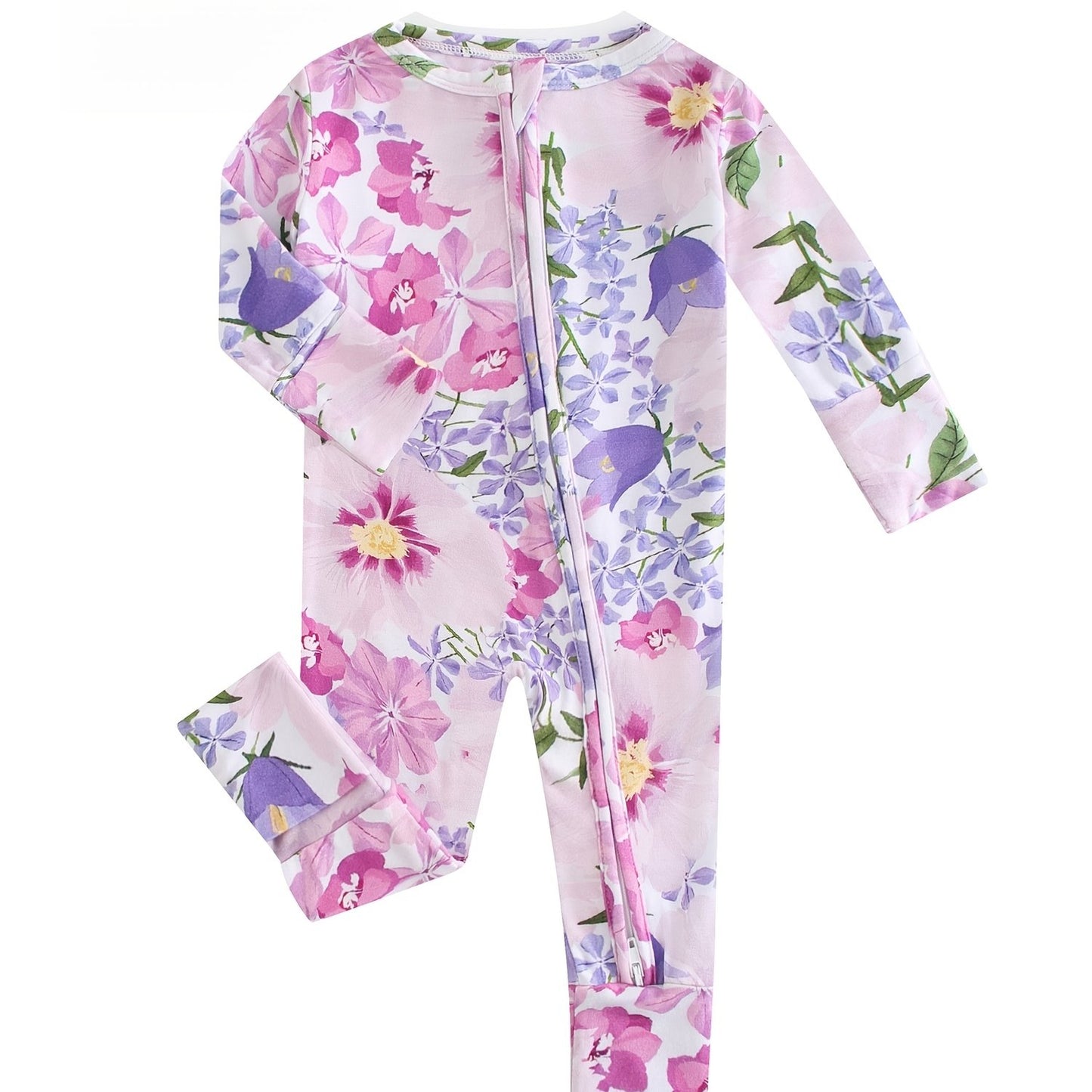 Ship From US, POSHTOT Morning Glory Print Bamboo Fiber Baby Long Sleeve Pants Tights. Comfortable Fit, Cute, Baby Two-way Zip-up Onesie With Folding Feet And Mittens For Ages 0-2. Casual Outdoor Jumpsuit For Babies.Children'S