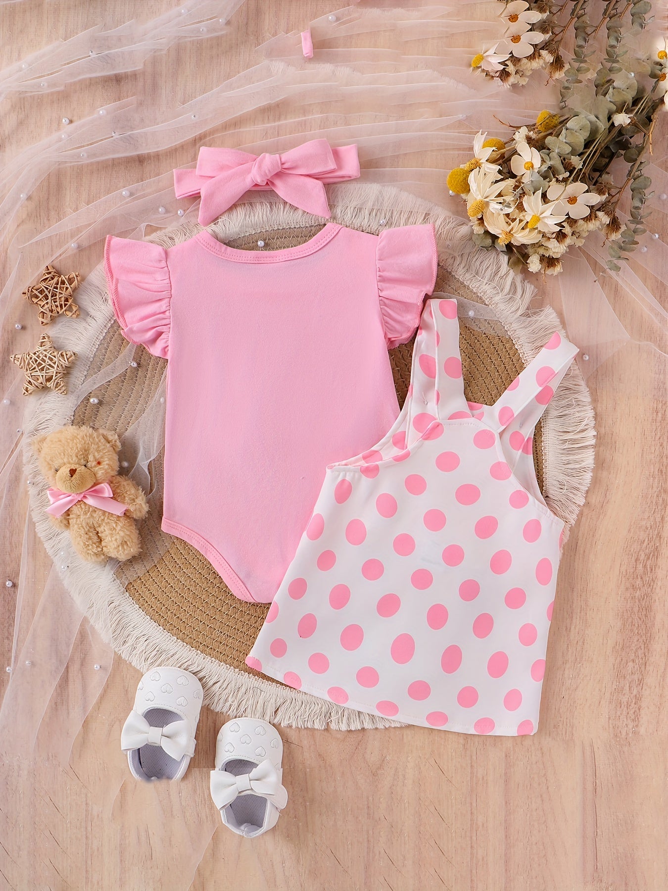 Baby Girl Summer Lace Outfit with Teddy Bear Strap Skirt and Headband 0-18 Months