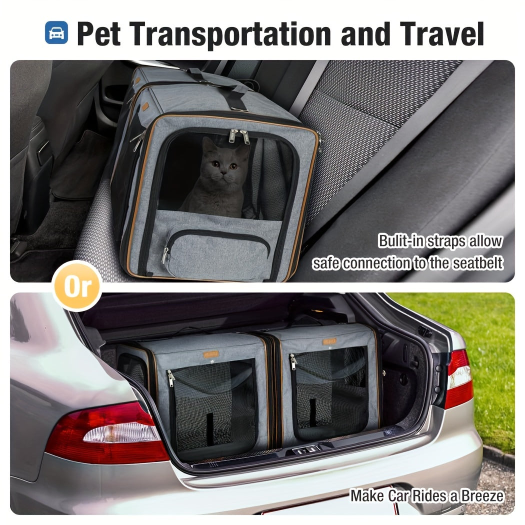 Double Cat Travel Carrier With Litter Box Medium Grey Pet Kennel For Dogs And Cats