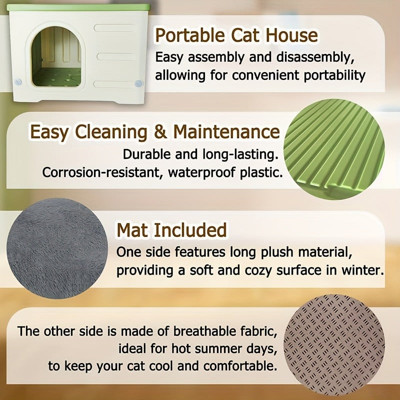 Waterproof Classic Cat House with Mat Indoor Outdoor Plastic Shelter Easy Assembly