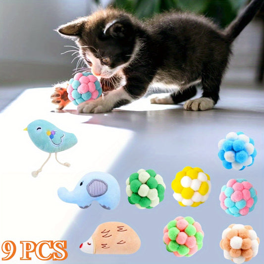 9pcs Cat Interactive Ball Toys Soft Fabric Chew Resistant Reusable Indoor Play For Cats