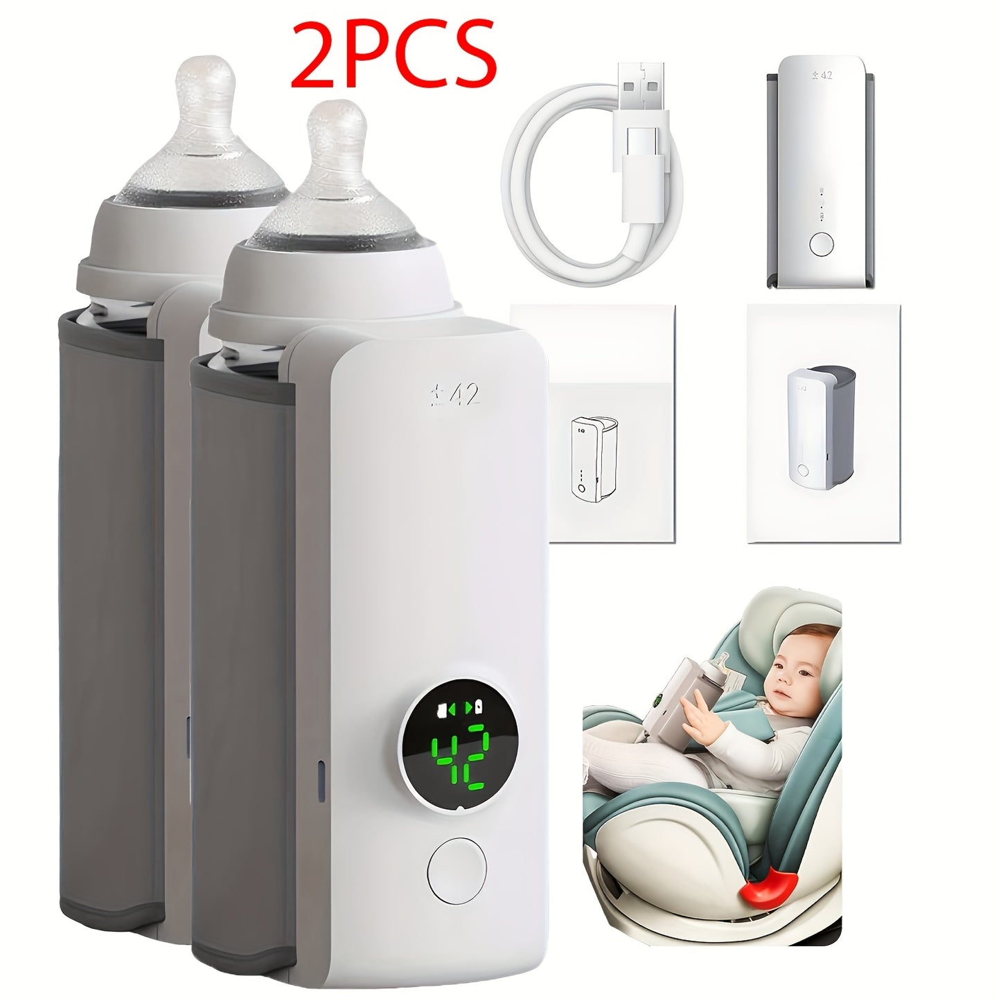 2pcs Portable Travel Bottle Warmer with Fast Heating and Battery Powered Display