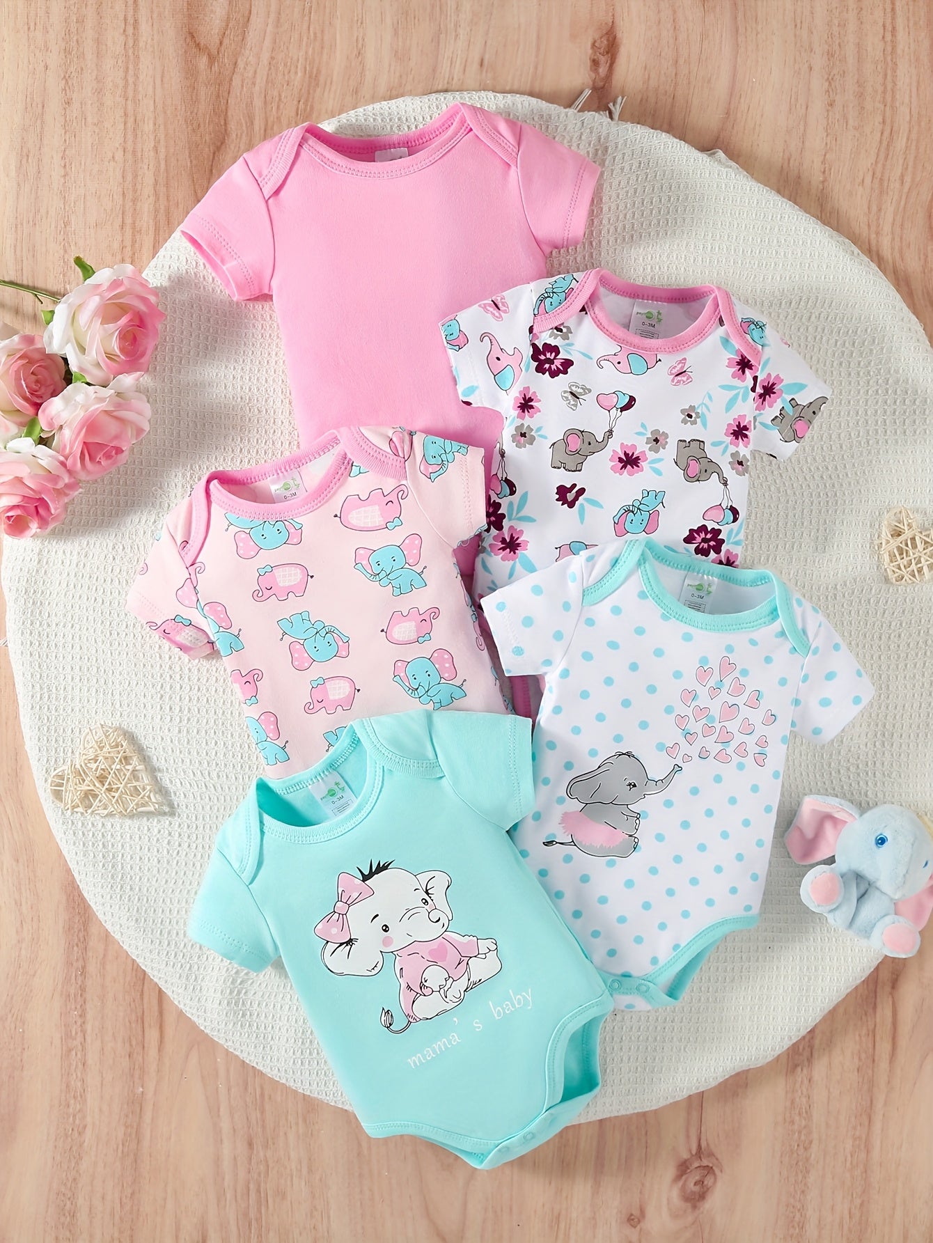 5pcs Set Of Baby Girl's Short Sleeved Spring/summer Triangle Jumpsuit, Cotton Cute Cartoon Hoodie, Crawling Suit, Perfect for Outdoor