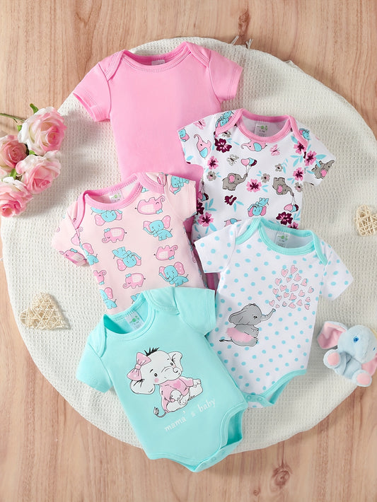 5pcs Set Of Baby Girl's Short Sleeved Spring/summer Triangle Jumpsuit, Cotton Cute Cartoon Hoodie, Crawling Suit, Perfect for Outdoor