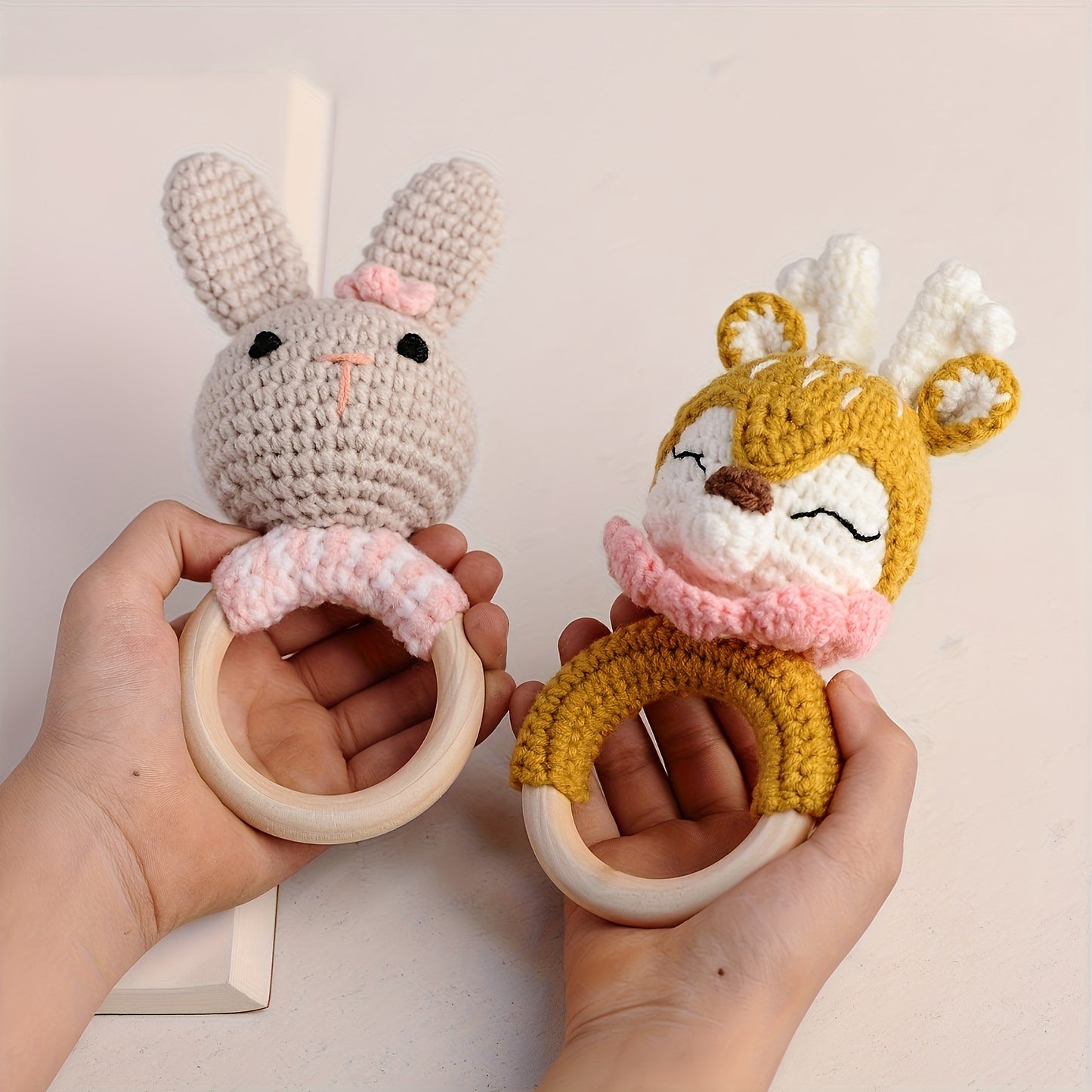 A Set of 6 Rattles Featuring Animal Figurines Including an Elephant, a Moose, a Fox, a Rabbit, And a Deer. These Handcrafted Crochet Decorations Are Perfect for Festive Parties And Suitable for Babies And Children, Making The