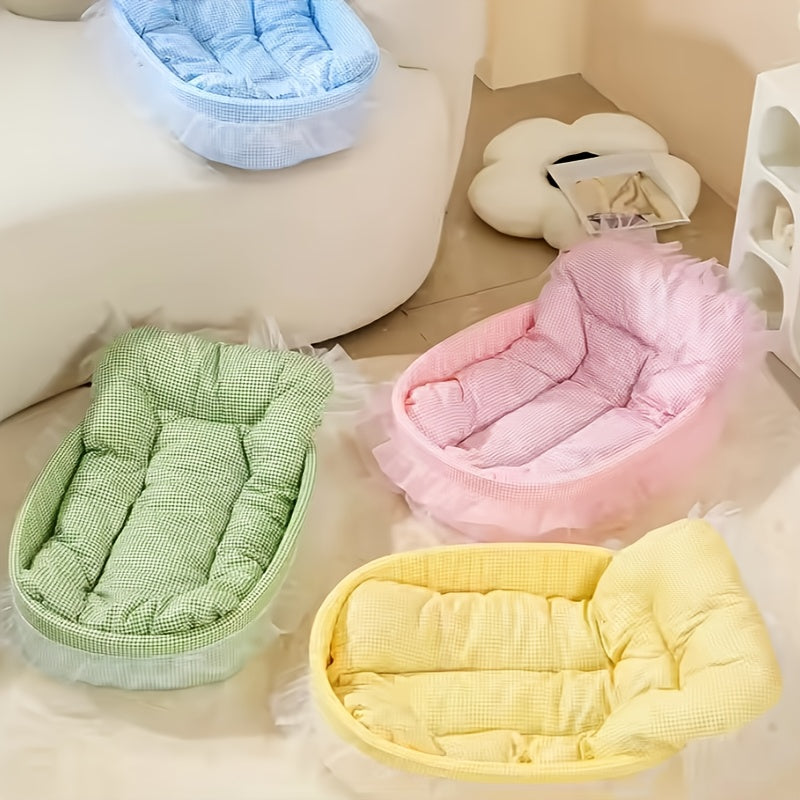 All Season Checkered Pet Bed for Dogs and Cats with Soft Plush Fabric and Ruffle Details