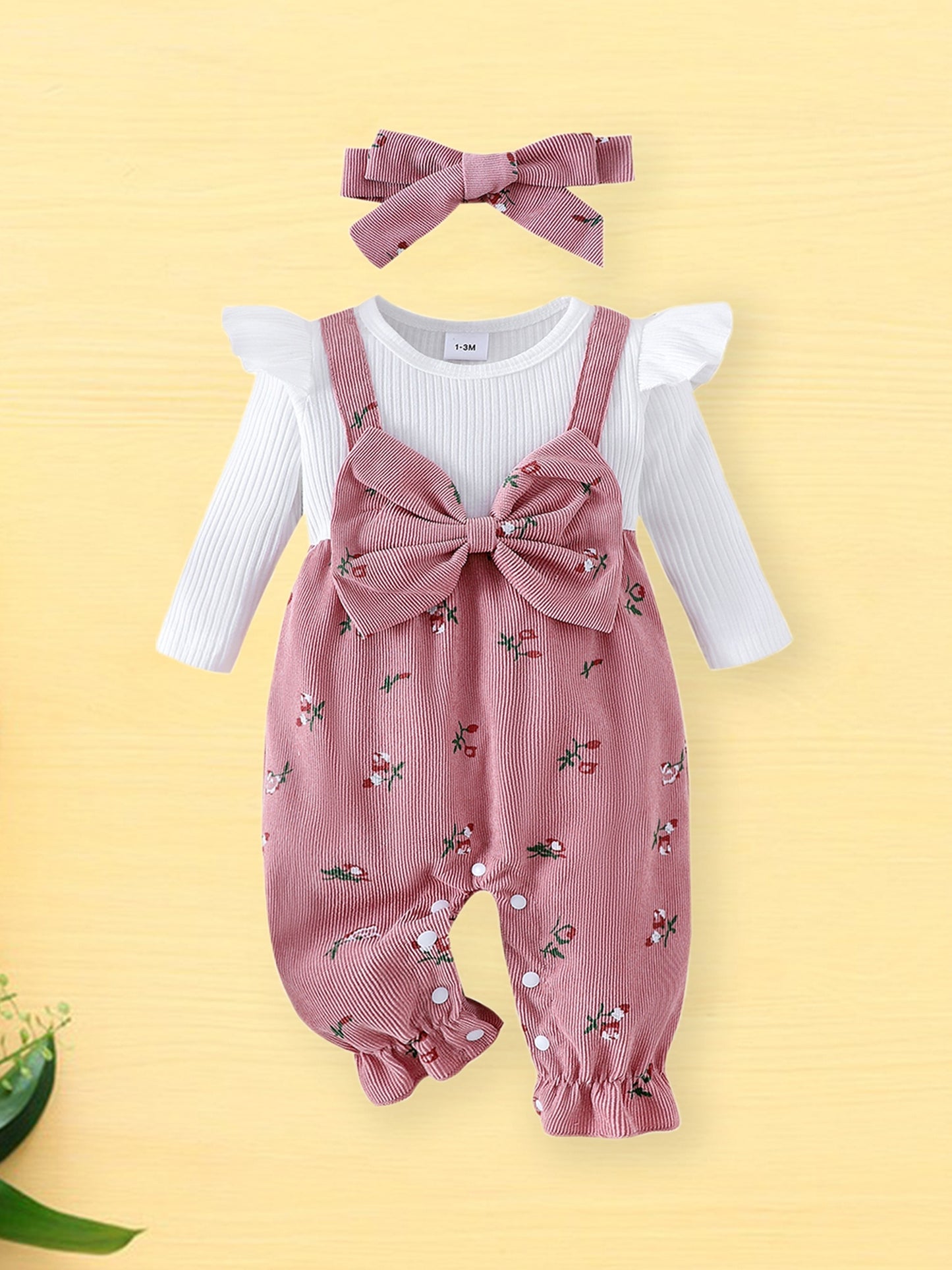 Floral Print Baby Romper Set Two Piece With Bow Headband