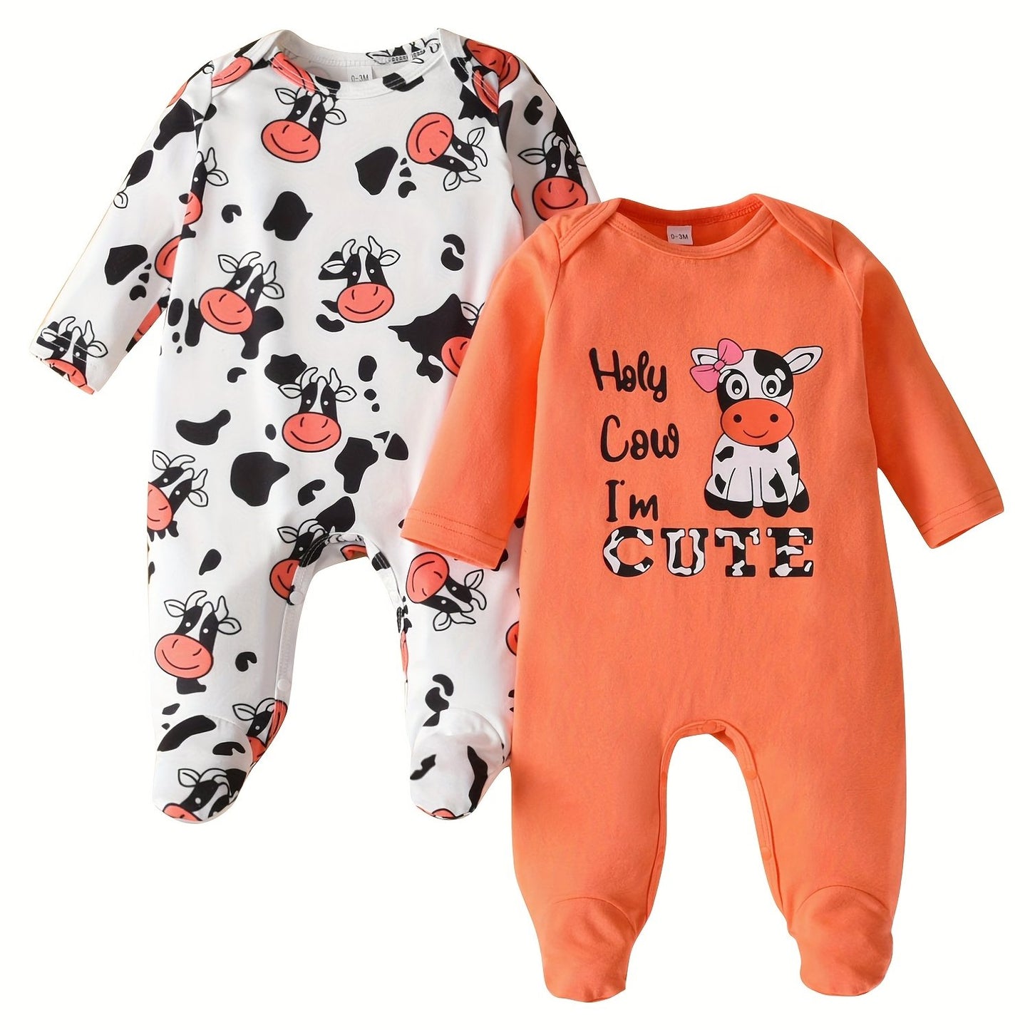 2pcs Newborn Baby Girl Romper Cow Pattern Cute Infant Outfits Long Sleeve Jumpsuits Baby Girl Clothes, for Outdoor