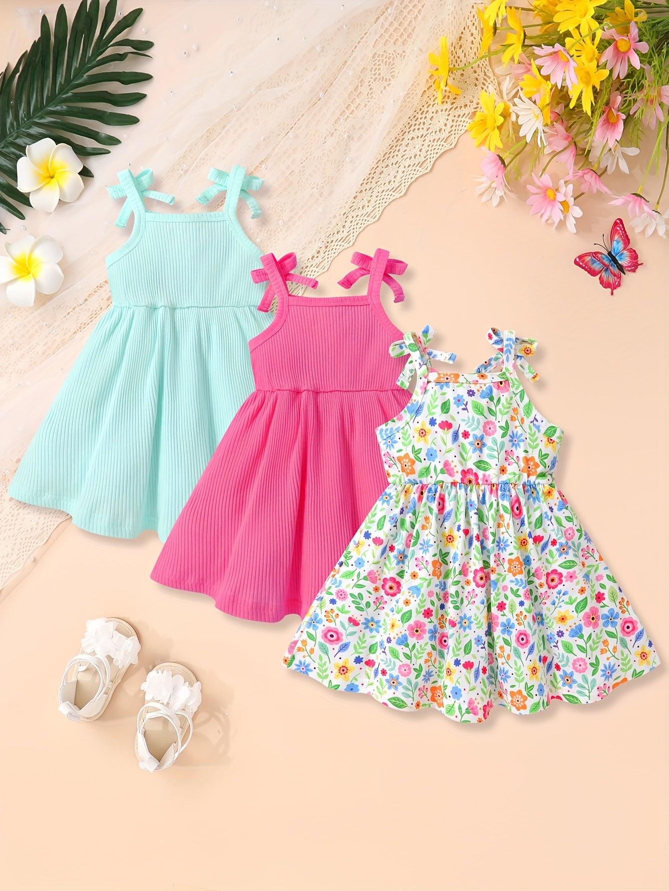 3pcs Soft, Breathable, Comfortable And Cute Baby Girl Solid Color Ribbed And Full Body Floral Print Bow Suspender Princess Dress Set