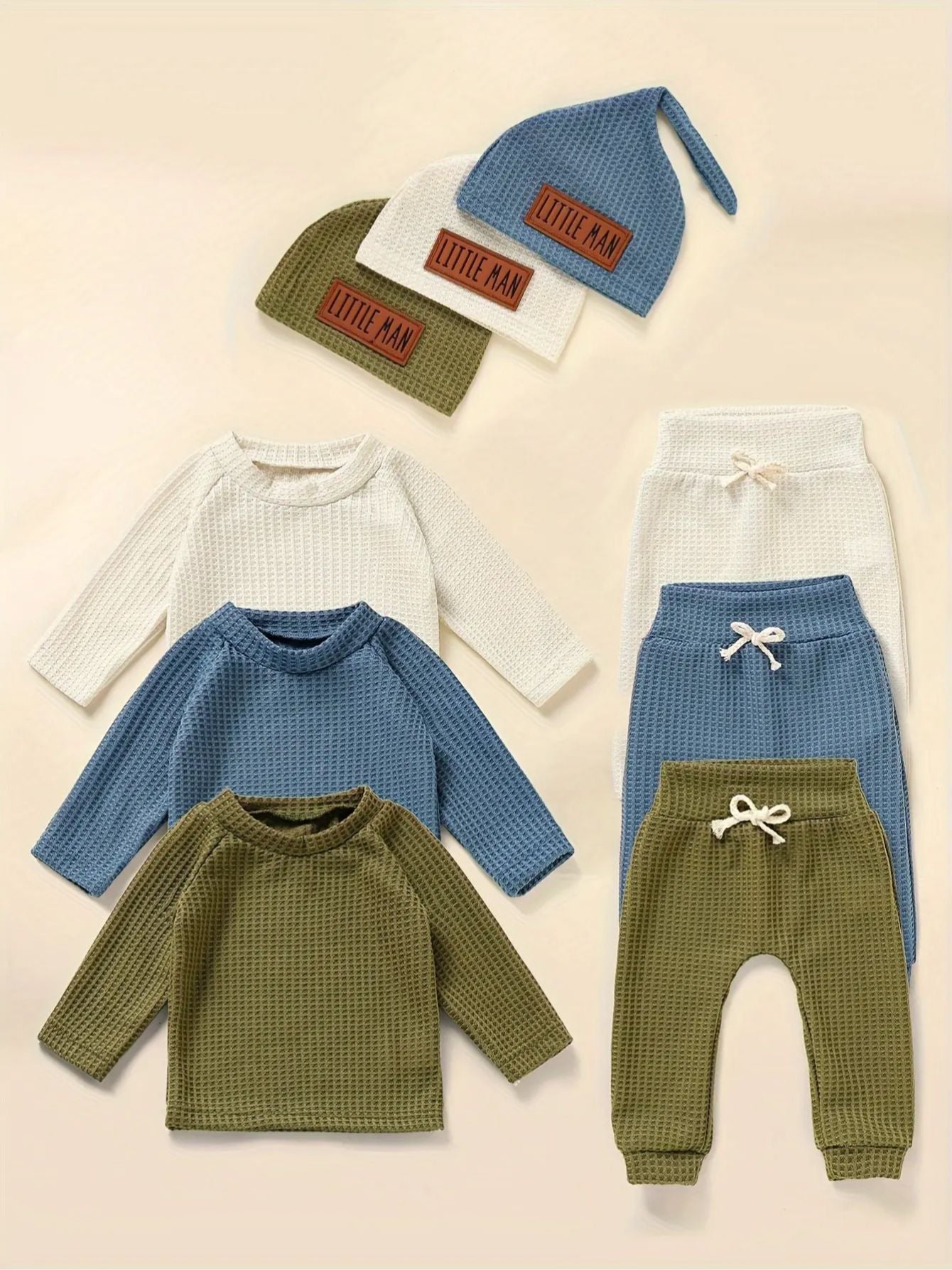 3 Set Baby Boy Clothes 9pcs Waffle Top Pants Hat Set - Loving Babies & Pets Shop