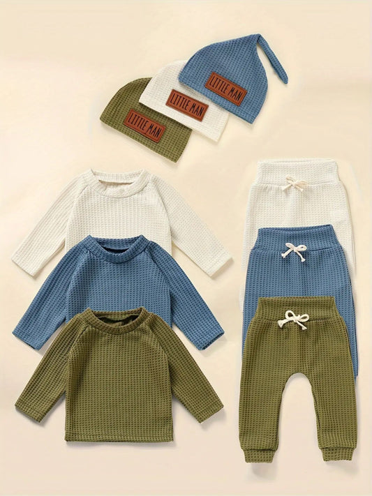 3 Set Baby Boy Clothes 9pcs Waffle Top Pants Hat Set - Loving Babies & Pets Shop
