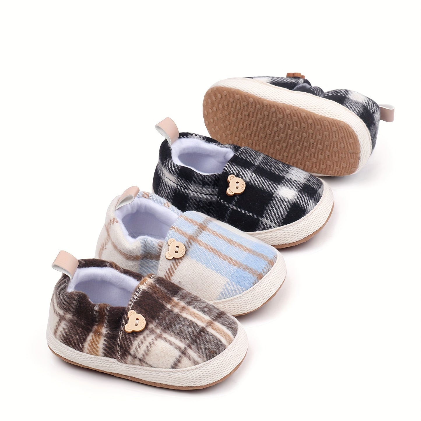 Baby First Walking Shoes - Soft Fabric Slip-On Sneakers with Striped & Plaid Patterns, Easy Snap Closure, Lightweight Crib Shoes for Infant Boys & Girls, All-Season Casual Shoes with Bear Button & Cushioned Insole, Baby Shoes
