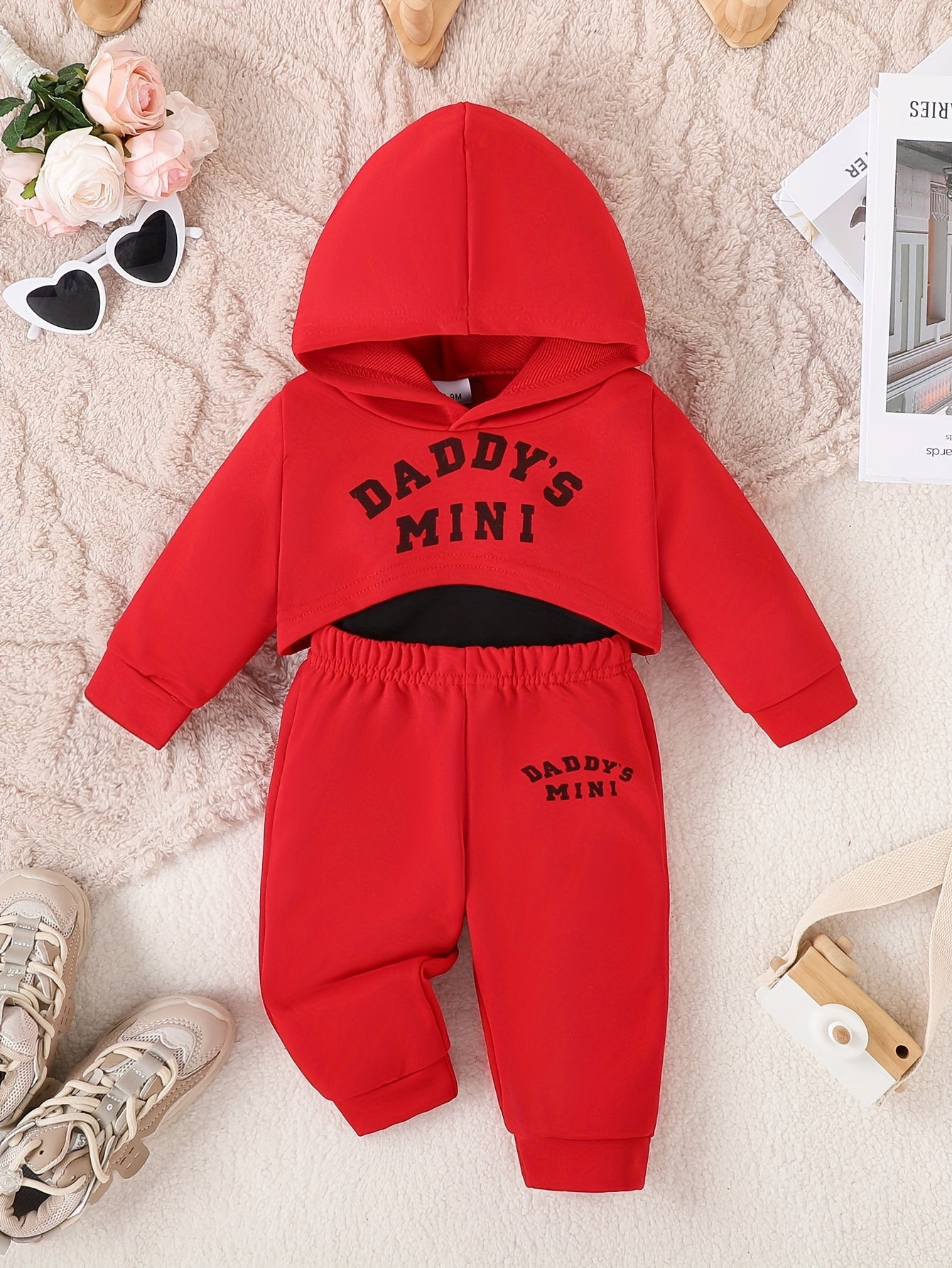 3PCS Baby Girl's Daddy's Mini Print Hoodie Cami Top Casual Pants Outdoor Set for Fall Winter