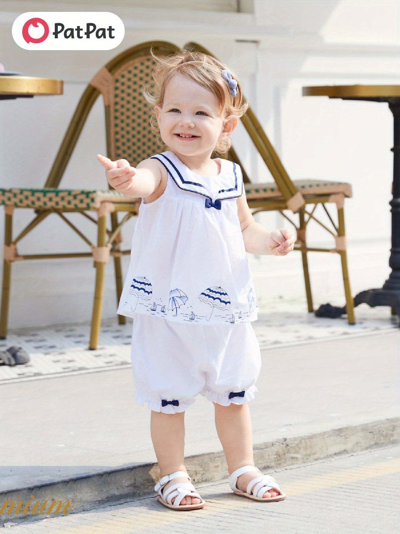 PatPat 2pcs Baby Girl Bow Decor Statement Collar Umbrella Print Sleeveless Top and Elasticized Shorts Set For Spring Summer, for Outdoor