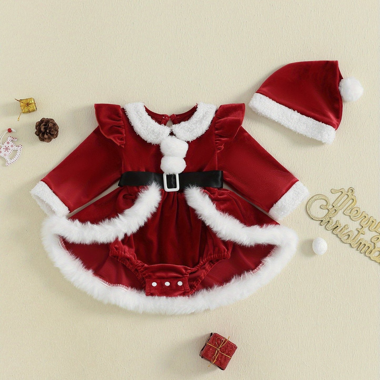 Infant Newborn Baby Girls Christmas Romper Dress Plush Patchwork Long Sleeve Jumpsuits and Cute Santa Hat Set Fall Winter Outfits, Perfect for Outdoor