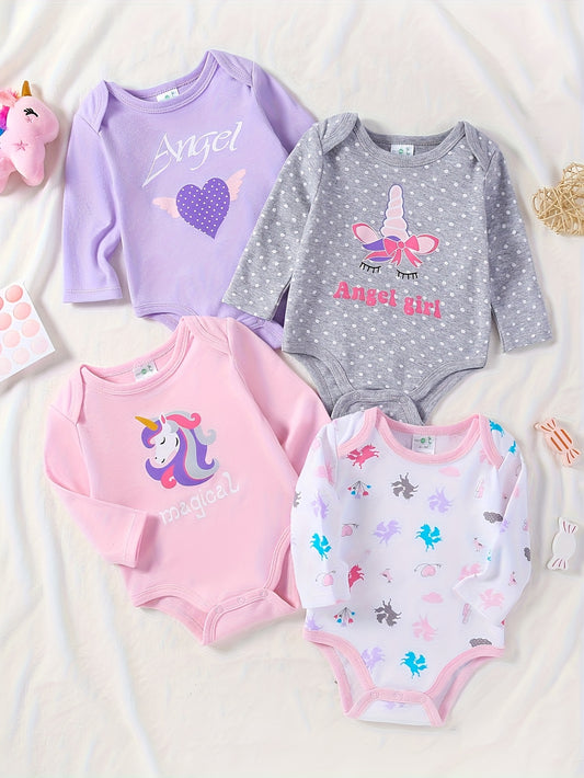 4 Pcs Cartoon Unicorn Printed Cotton Long Sleeve Jumpsuits