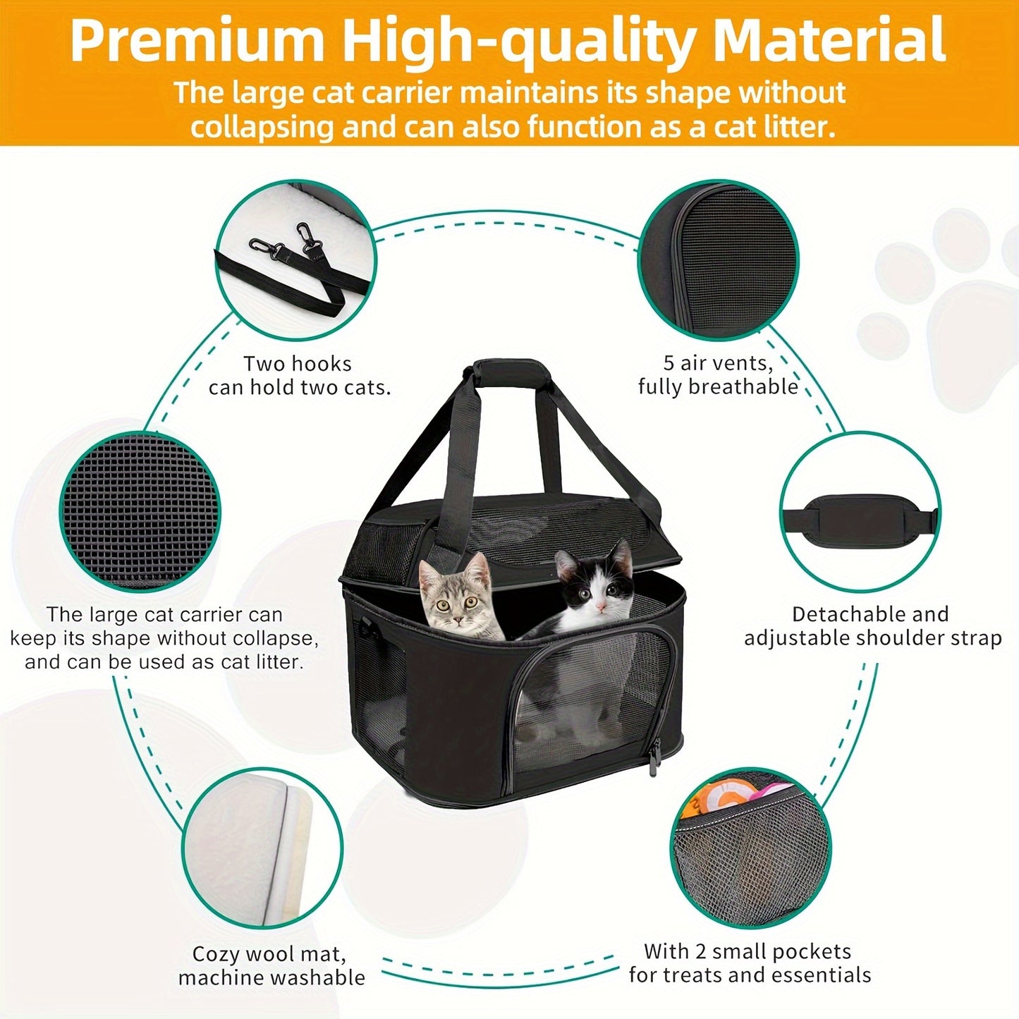 Large Cat Carrier for Two Cats Soft-Sided TSA Approved with Removable Plush Bed and Mesh Panels
