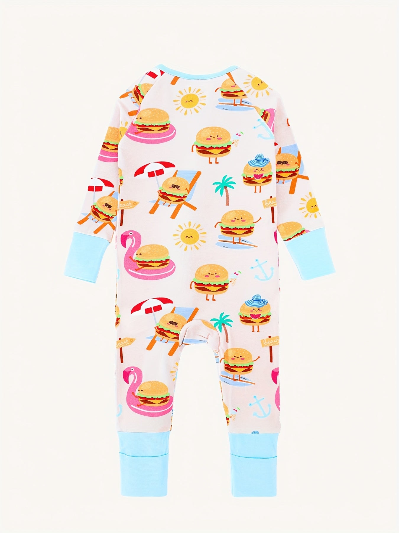 JUNBLEBABY Bamboo Fiber Long Sleeve Zipper Onesie - Soft & Comfortable - Summer Burger & Beach Print - Ideal for Outdoor Wear, Machine Washable