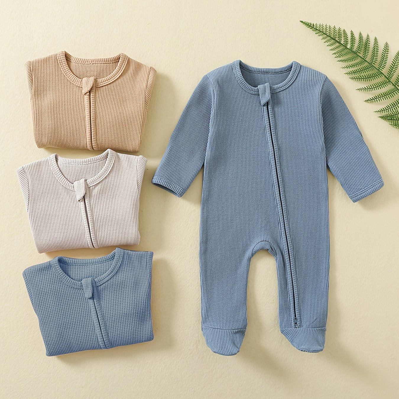 [3pcs Baby Romper] 3pcs Newborn Baby Boys One Piece Romper | Long Sleeve Waffle Solid Color Jumpsuit | With Mitten Cuffs Zipper Outfit Clothes for Outdoor